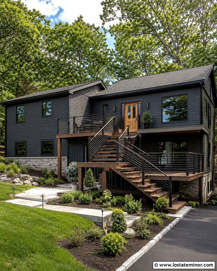 Soft Black Split Level House With Two Level Deck - 30 Soft Black House Design With Deck Ideas