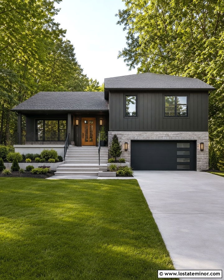 Soft Black Split Level With Box Sconces - 30 Soft Black House Design With Light Fixtures Ideas