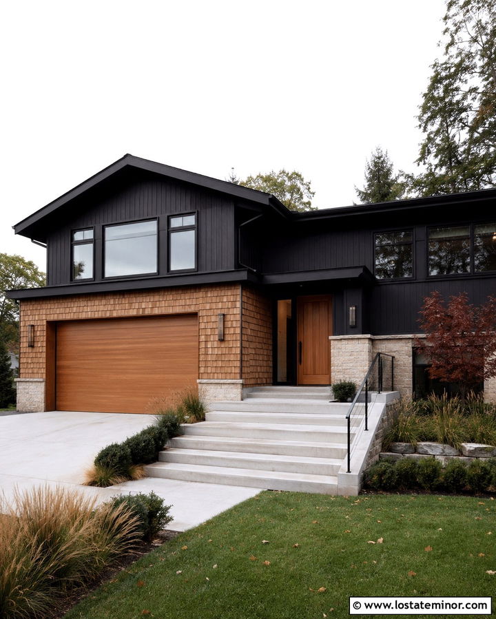 Soft Black Split Level With Cedar Shake Garage - 30 Soft Black House Design With Cedar Shake Ideas