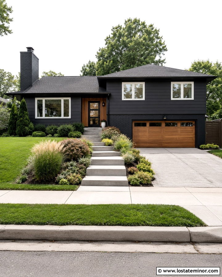 Soft Black Split Level With Charcoal Brick Chimney - 30 Soft Black House Design With Chimney Ideas