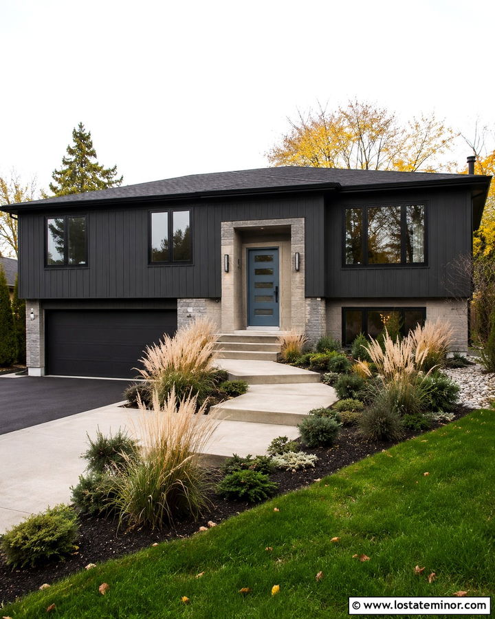 Soft Black Split Level With Dusty Blue Front Door - 30 Soft Black House Design With Front Door Ideas