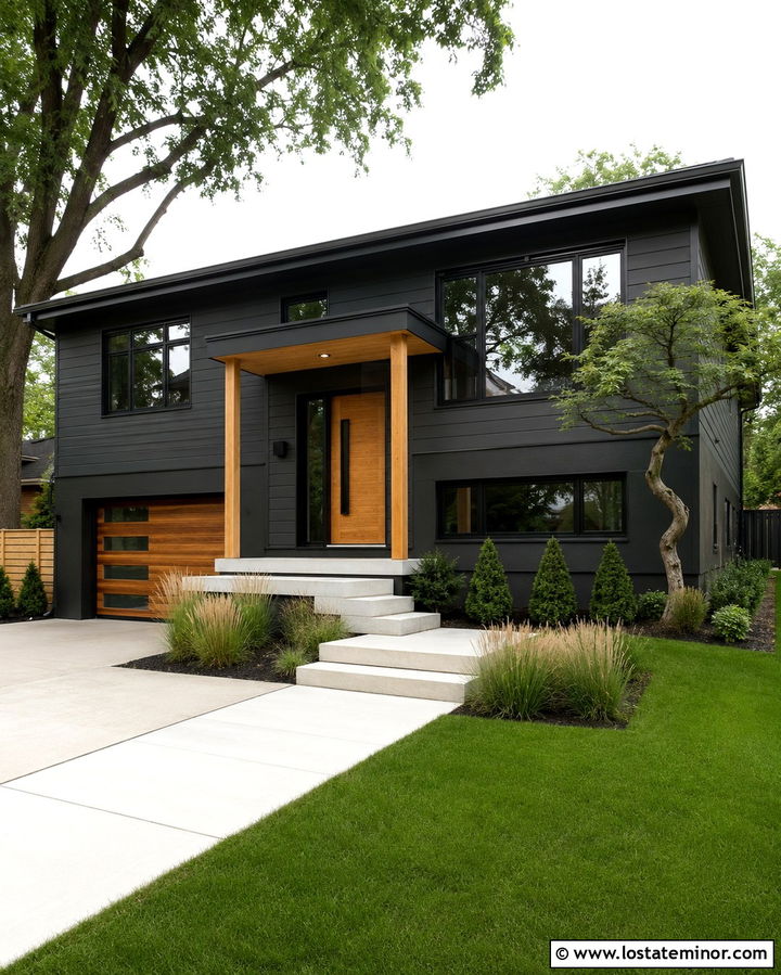 Soft Black Split Level With Flat Roof Portico - 30 Soft Black House Design With Portico Ideas