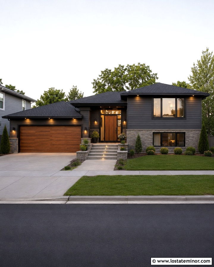 Soft Black Split Level With Garage Lighting - 30 Soft Black House Design With Lighting Ideas