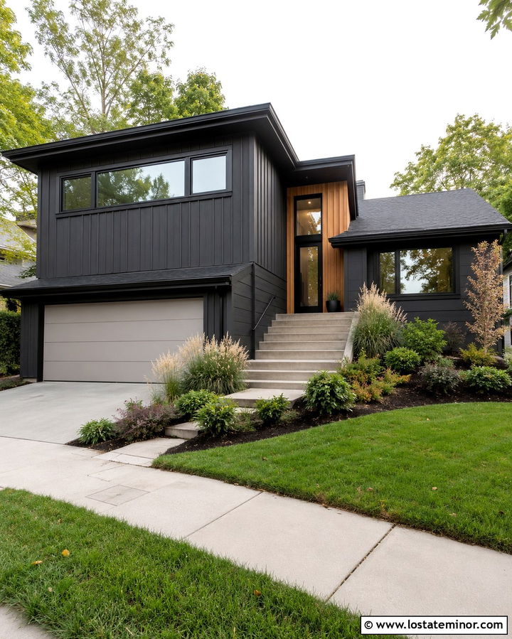 Soft Black Split Level With Horizontal Window Frames - 30 Soft Black House Design With Window Frames Ideas
