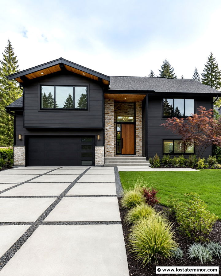 Soft Black Split Level With Large Concrete Pavers - 30 Soft Black House Design With Driveway Ideas