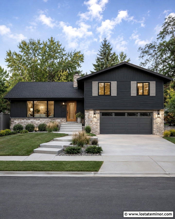 Soft Black Split Level With Light Gray Shutters - 30 Soft Black House Design With Shutters Ideas