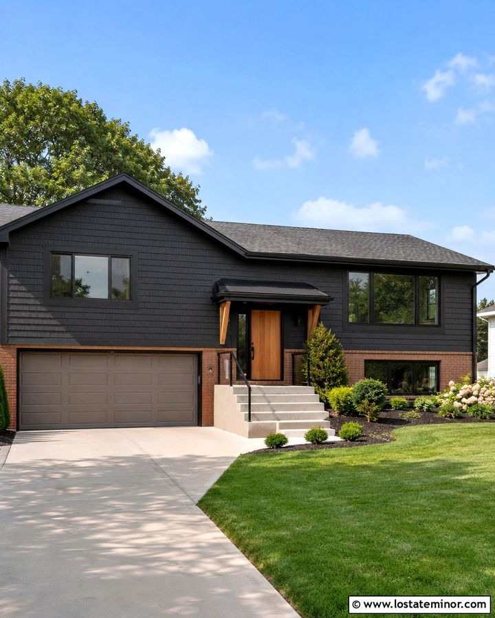 Soft Black Split Level With Mixed Shingle Siding - 30 Soft Black House Design With Shingles Ideas