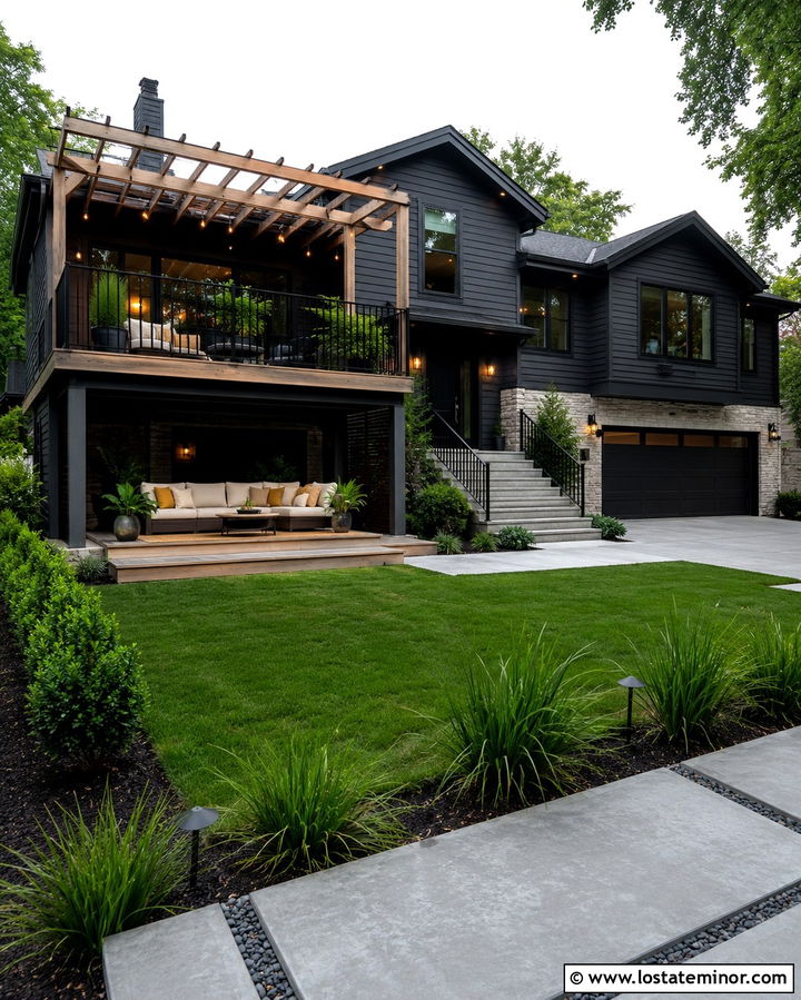 Soft Black Split Level With Raised Deck Daybed - 30 Soft Black House Design With Daybed Ideas