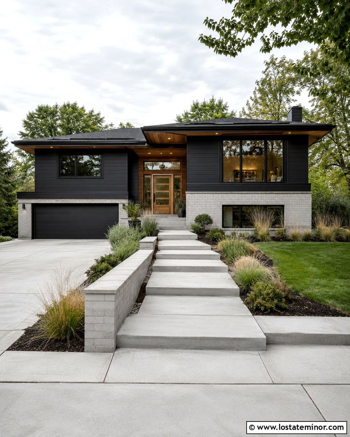 Soft Black Split Level With Ribbed Garage Door - 30 Soft Black House Design With Garage Door Ideas