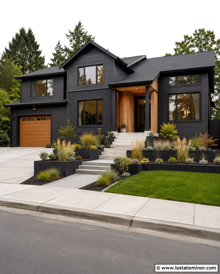 Soft Black Split Level With Slim Black Columns - 30 Soft Black House Design With Porch Columns Ideas