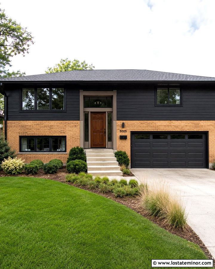Soft Black Split Level With Tan Brick - 30 Soft Black House Design With Brick Accents Ideas