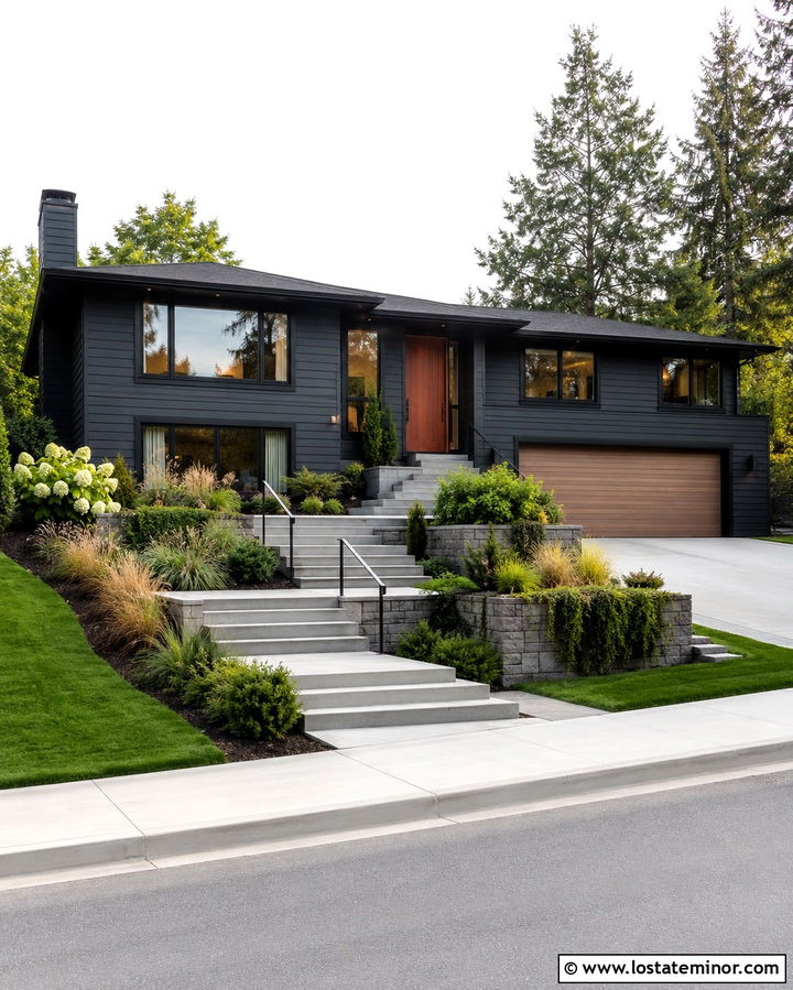 Soft Black Split Level With Tiered Concrete Steps - 30 Soft Black House Design With Steps Ideas