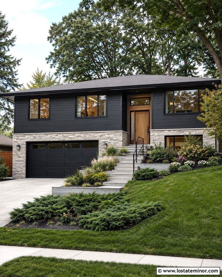 Soft Black Split Level With Tiered Landscaping - 30 Soft Black House Design With Landscaping Ideas