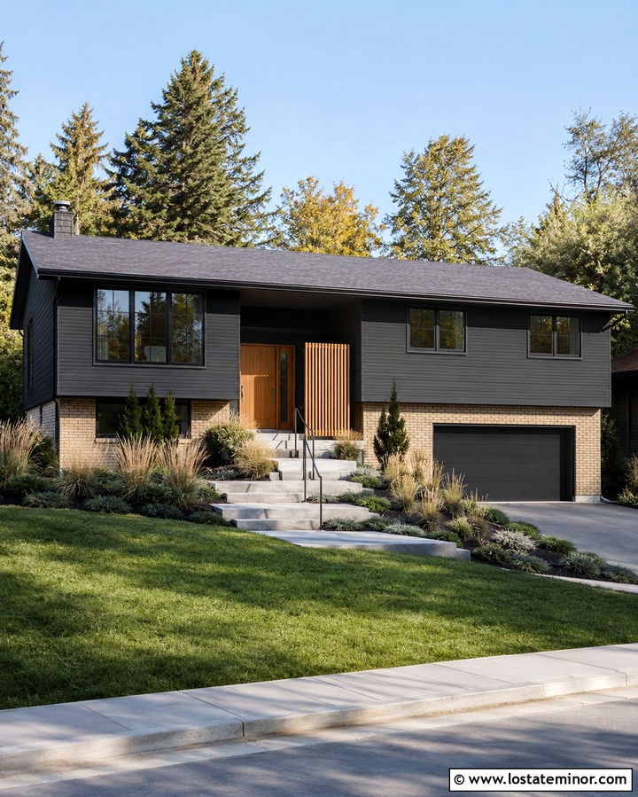 Soft Black Split Level With Tiered Walkway - 30 Soft Black House Design With Walkway Ideas