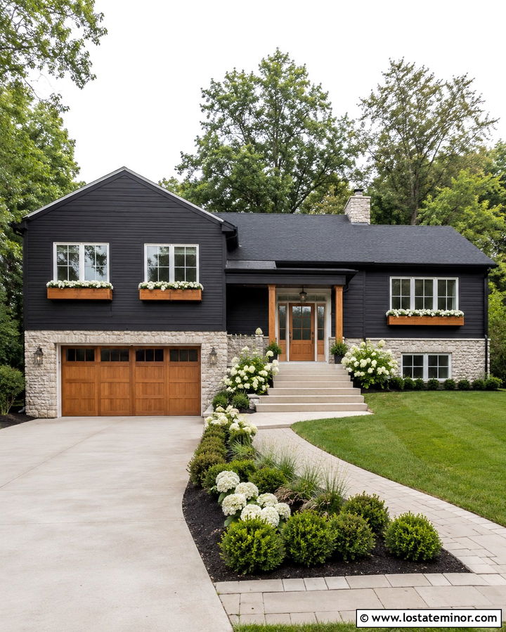 Soft Black Split Level With Tiered Window Boxes - 30 Soft Black House Design With Window Boxes Ideas