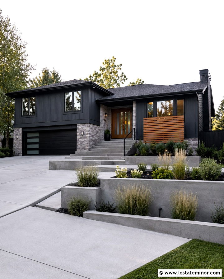 Soft Black Split Level With Walnut Entry Door - 30 Soft Black House Design With Entry Door Ideas