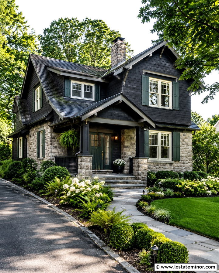 Soft Black Stone House With Forest Green Shutters - 30 Soft Black House Design With Shutters Ideas