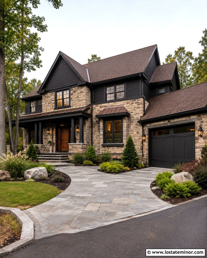 Soft Black Stone House With Iron Lanterns - 30 Soft Black House Design With Light Fixtures Ideas