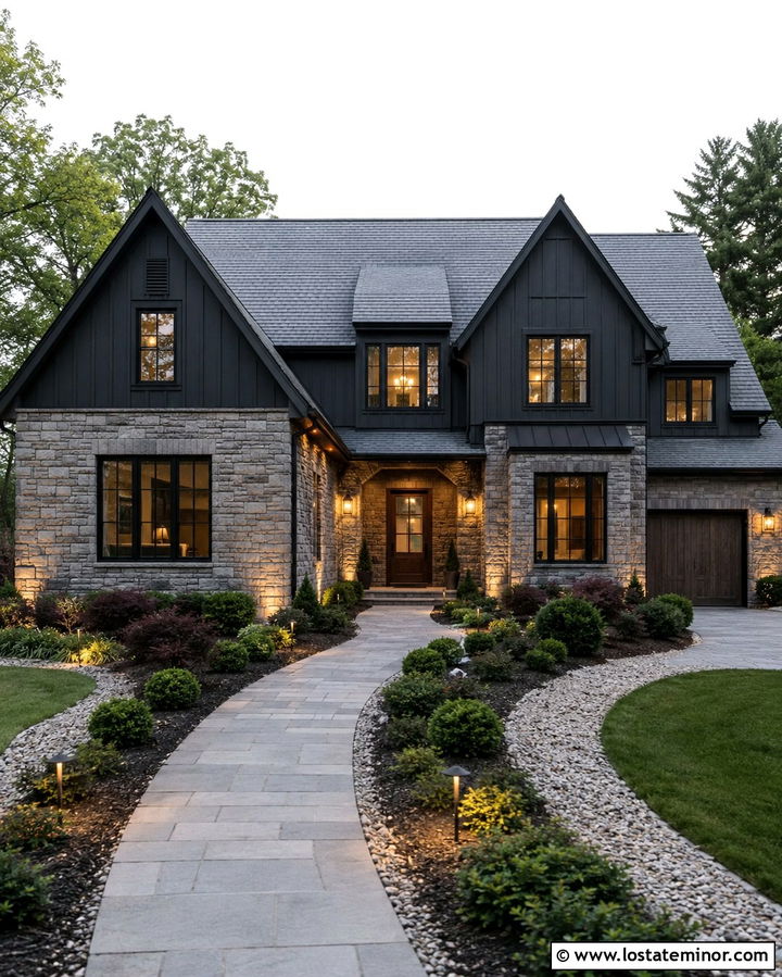 Soft Black Stone House With Landscape Uplights - 30 Soft Black House Design With Lighting Ideas