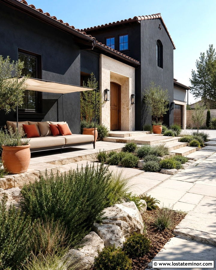 Soft Black Stucco House With Canopy Daybed - 30 Soft Black House Design With Daybed Ideas