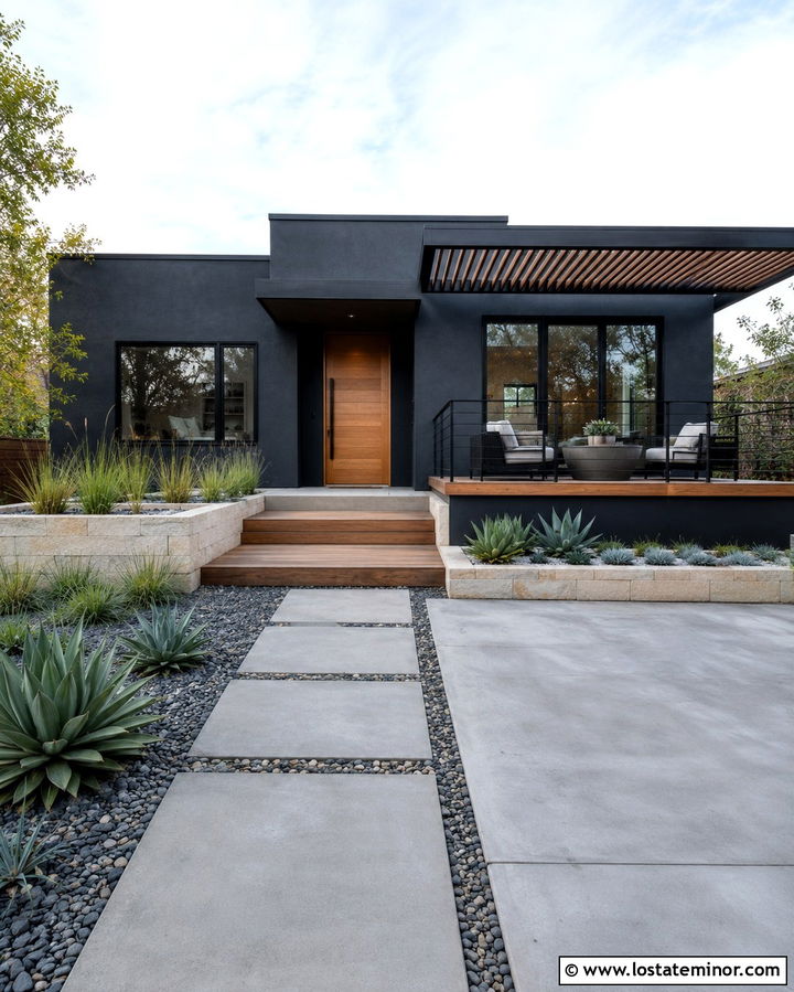 Soft Black Stucco House With Concrete And Wood Deck - 30 Soft Black House Design With Deck Ideas