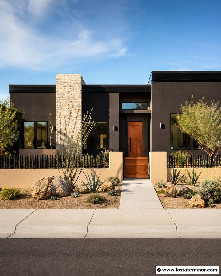 Soft Black Stucco House With Concrete Fence - 30 Soft Black House Design With Fence Ideas