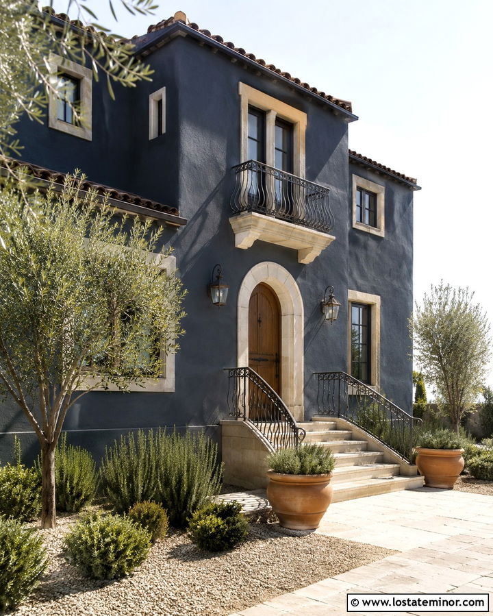 Soft Black Stucco House With Curved Railings - 30 Soft Black House Design With Railings Ideas