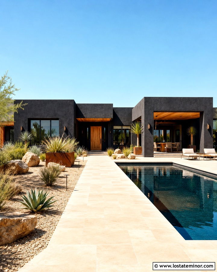 Soft Black Stucco House With Desert Pool - 30 Soft Black House Design With Swimming Pool Ideas