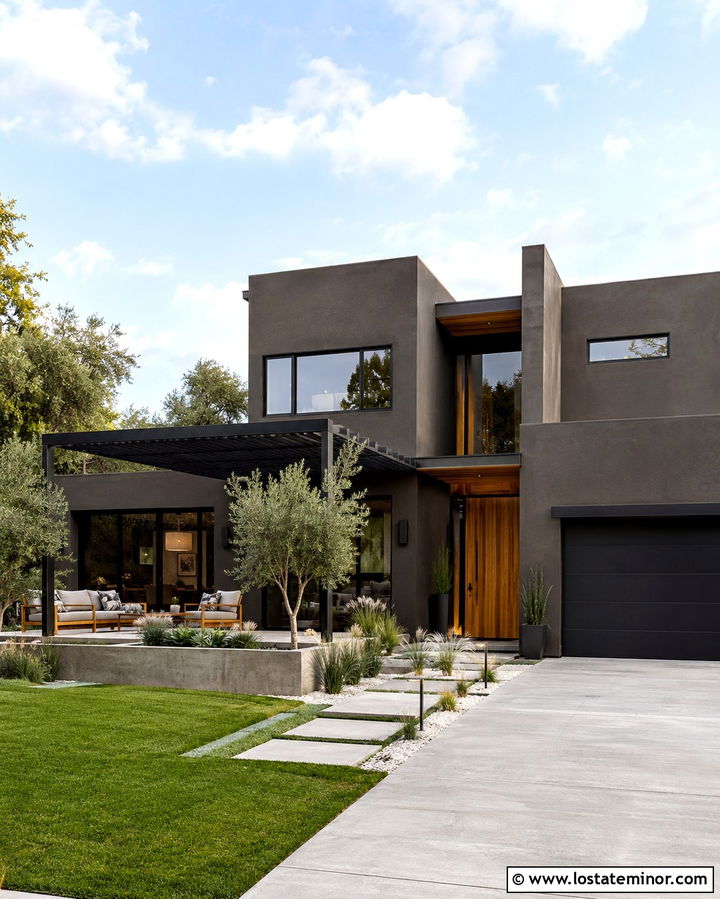 Soft Black Stucco House With Louvered Pergola - 30 Soft Black House Design With Pergola Ideas