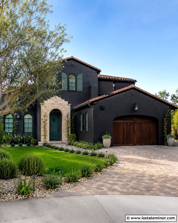 Soft Black Stucco House With Teal Shutters - 30 Soft Black House Design With Shutters Ideas