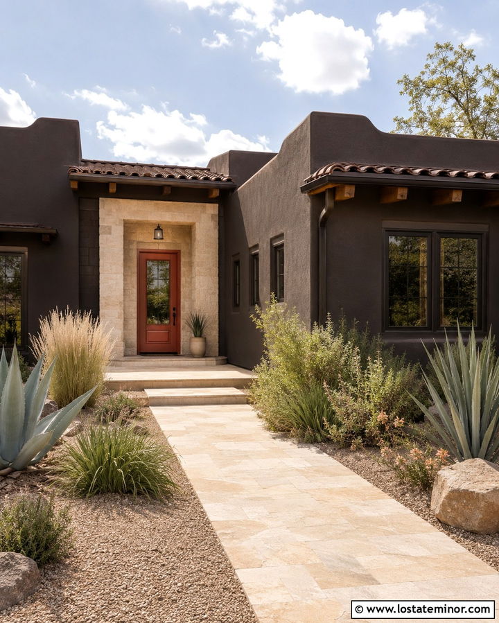 Soft Black Stucco House With Terracotta Door And Storm Door - 30 Soft Black House Design With Storm Door Ideas