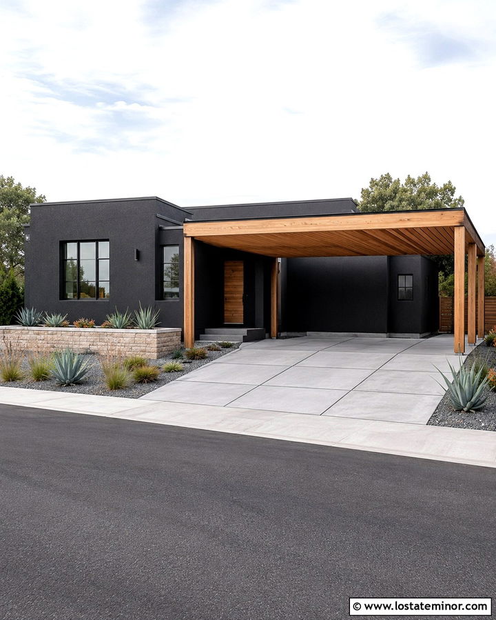 Soft Black Stucco House With Wood Carport - 30 Soft Black House Design With Carport Ideas