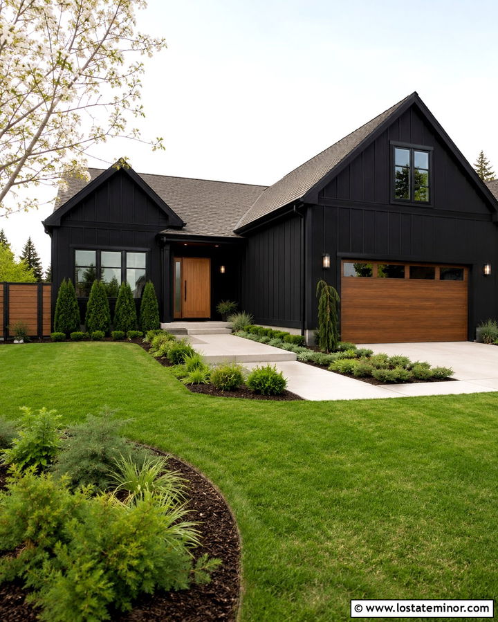 Soft Black Suburban House With Composite Fence - 30 Soft Black House Design With Fence Ideas