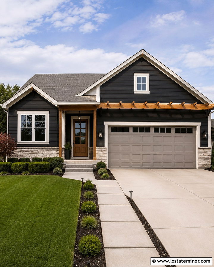 Soft Black Suburban House With Garage Pergola - 30 Soft Black House Design With Pergola Ideas