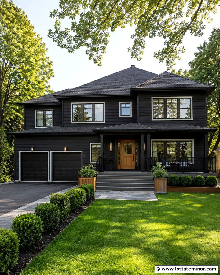 Soft Black Suburban House With Gray Deck - 30 Soft Black House Design With Deck Ideas