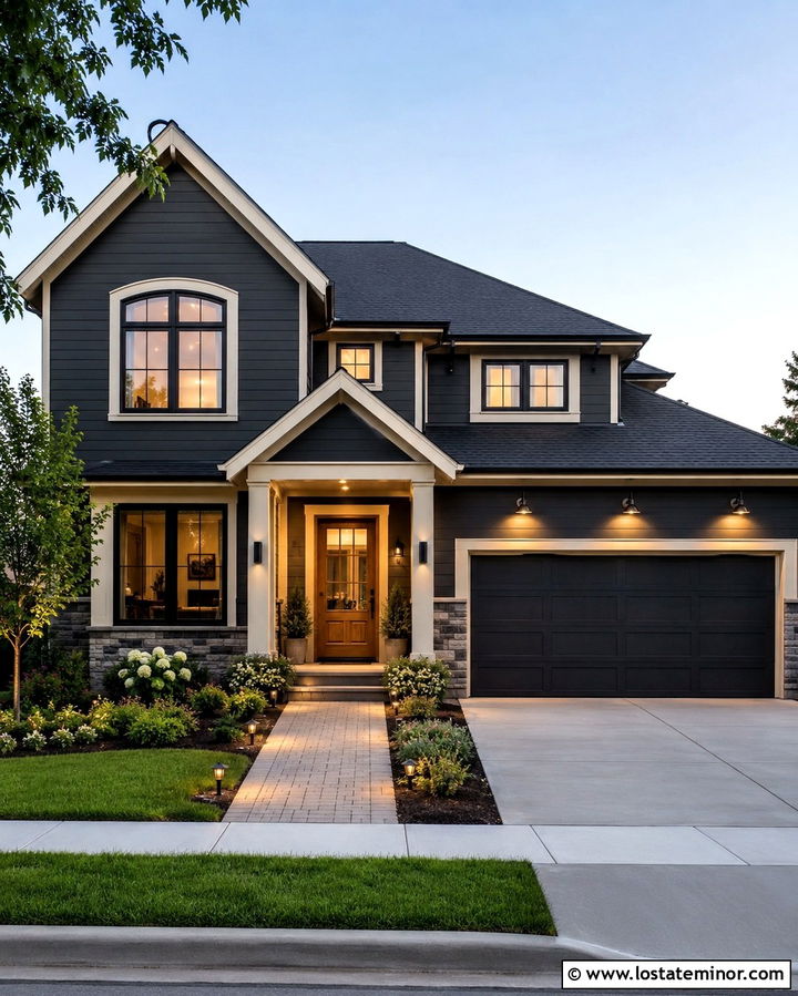 Soft Black Suburban House With Smart Lighting - 30 Soft Black House Design With Lighting Ideas