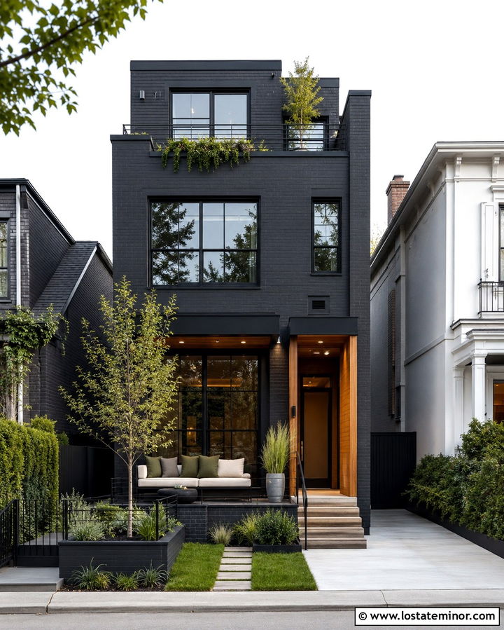 Soft Black Townhouse With Courtyard Daybed - 30 Soft Black House Design With Daybed Ideas