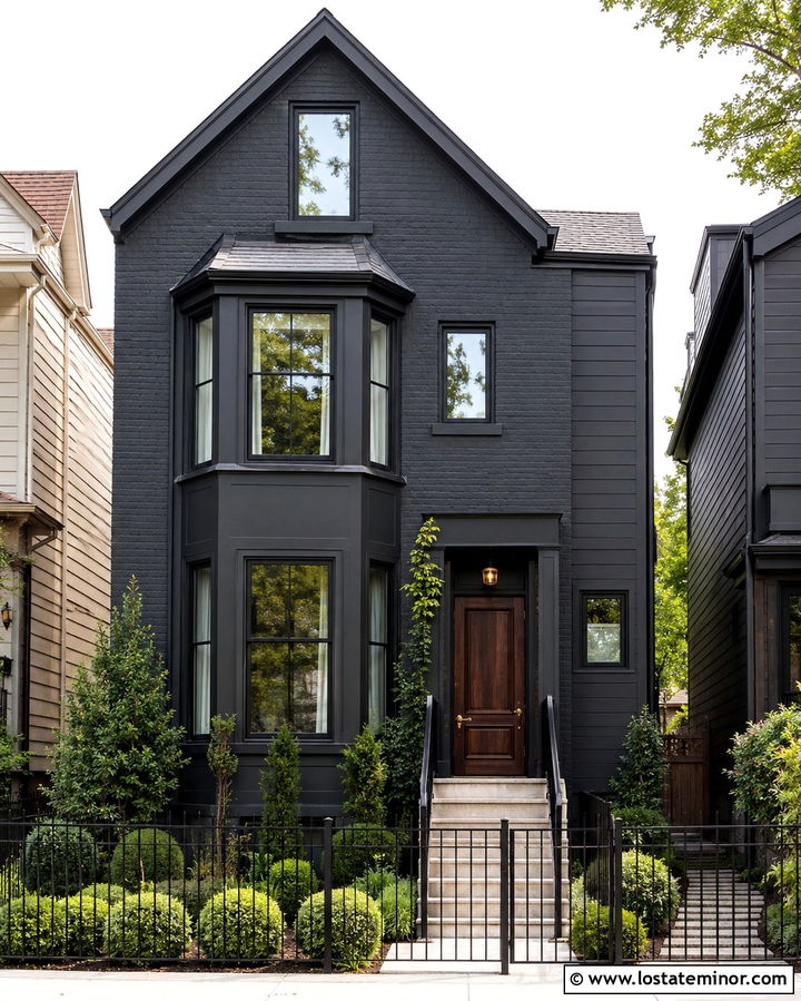 Soft Black Townhouse With Metal Fence - 30 Soft Black House Design With Fence Ideas