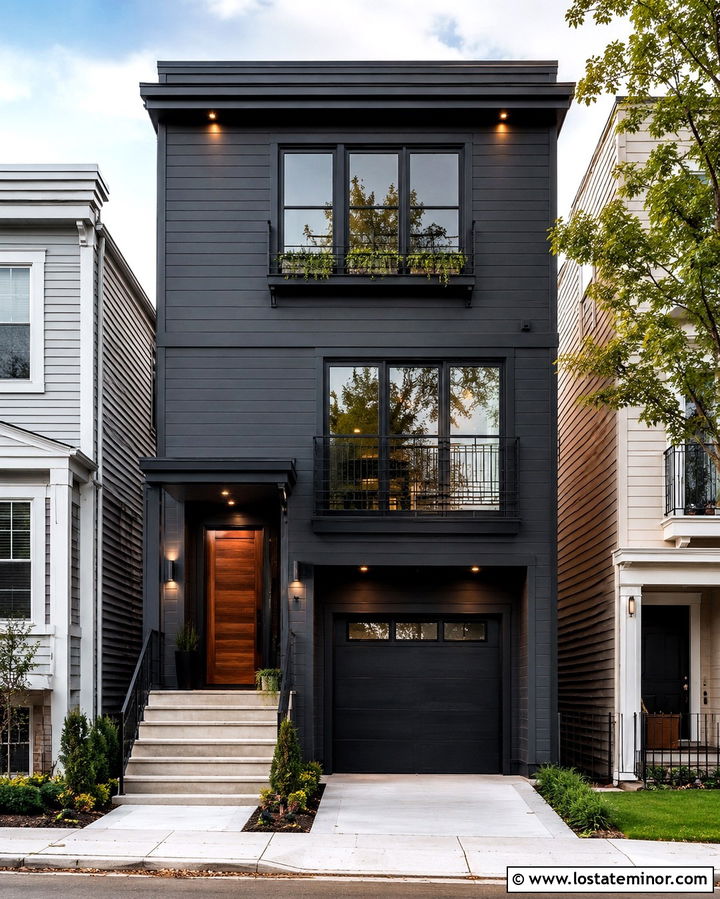 Soft Black Townhouse With Recessed Entry Lights - 30 Soft Black House Design With Lighting Ideas