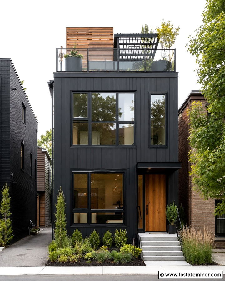 Soft Black Townhouse With Rooftop Deck - 30 Soft Black House Design With Deck Ideas