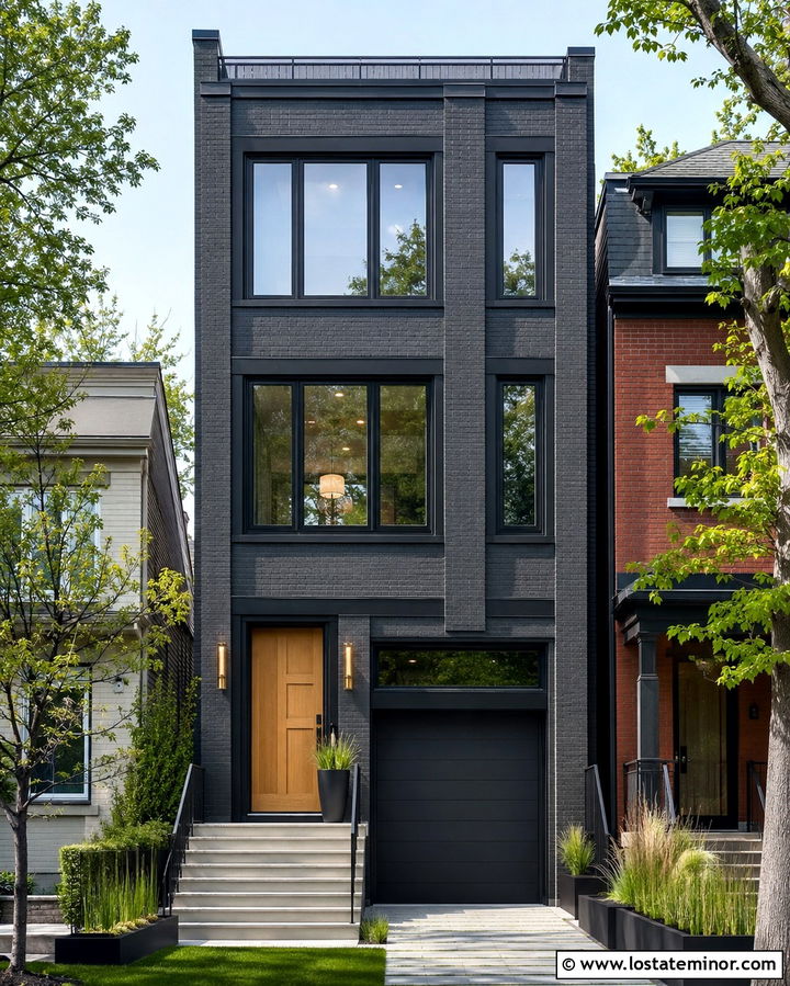 Soft Black Townhouse With Vertical Sconces - 30 Soft Black House Design With Light Fixtures Ideas