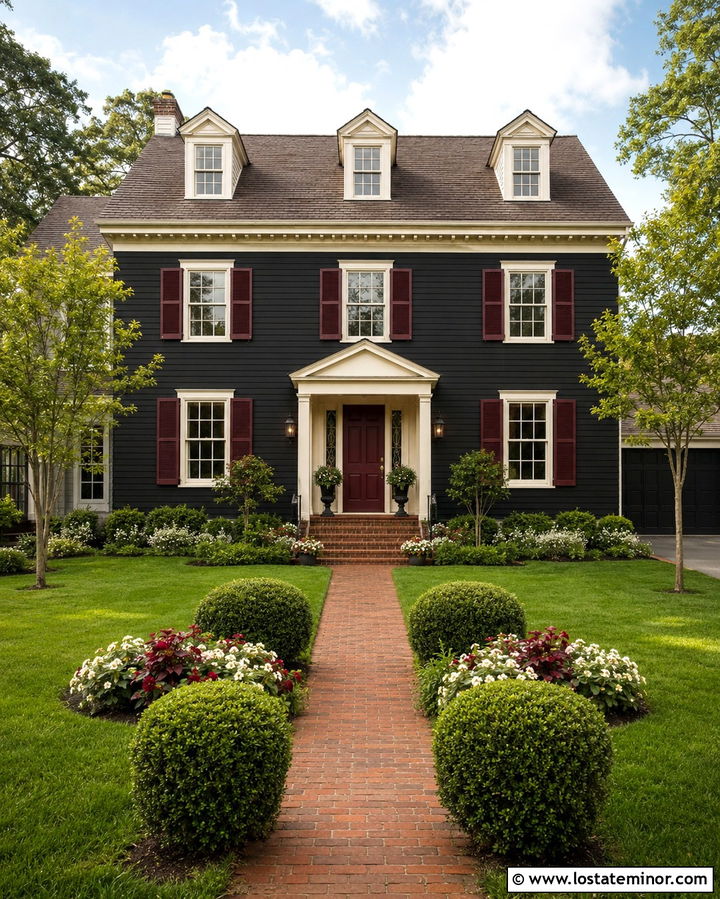 Soft Black Traditional House With Burgundy Shutters - 30 Soft Black House Design With Shutters Ideas