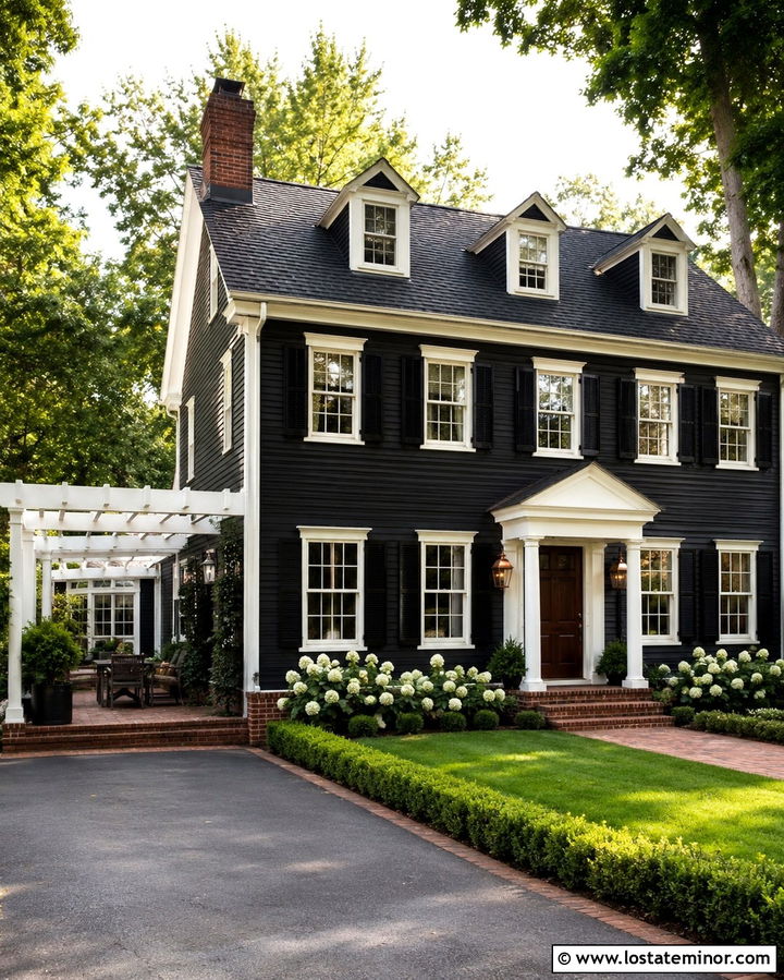 Soft Black Traditional House With Classic Pergola - 30 Soft Black House Design With Pergola Ideas