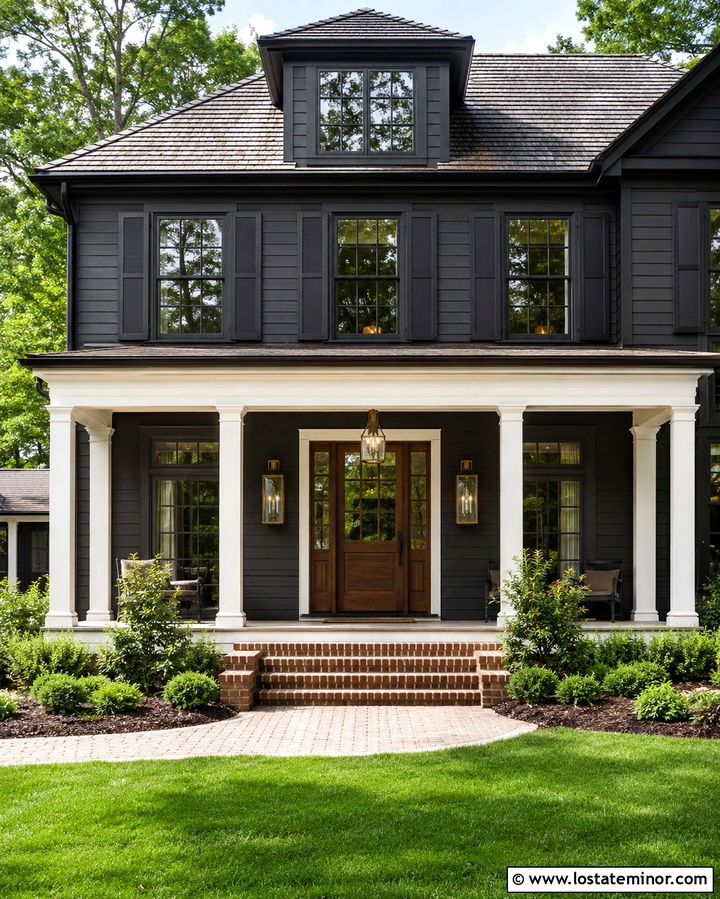 Soft Black Traditional House With Glass Lanterns - 30 Soft Black House Design With Light Fixtures Ideas