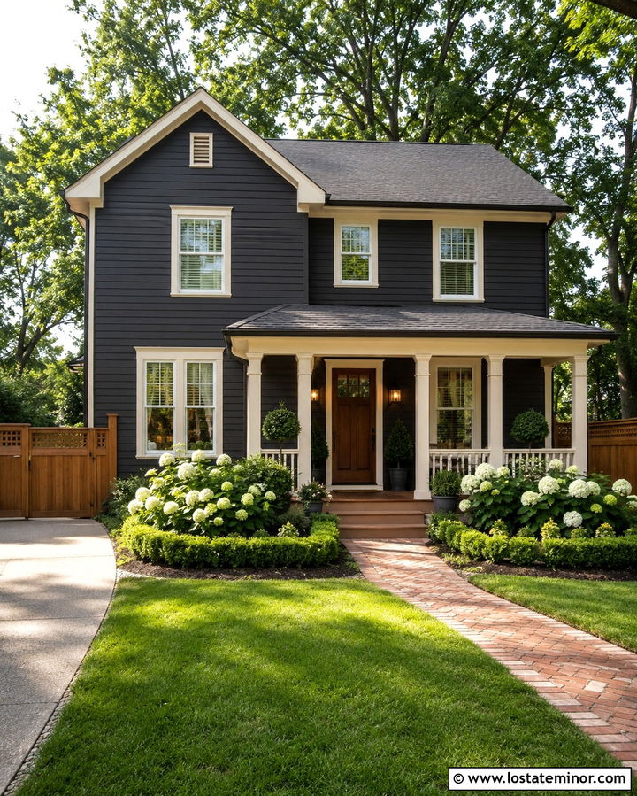 Soft Black Traditional House With Lattice Fence - 30 Soft Black House Design With Fence Ideas