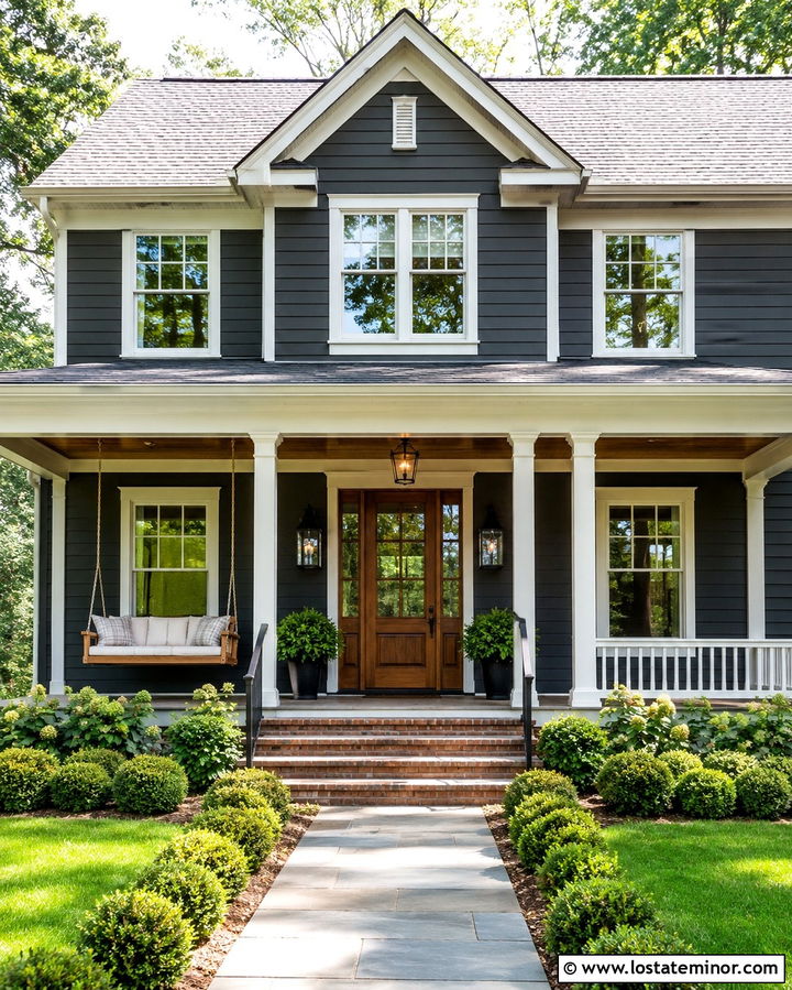 Soft Black Traditional House With Porch Swing - 30 Soft Black House Design With Swing Ideas