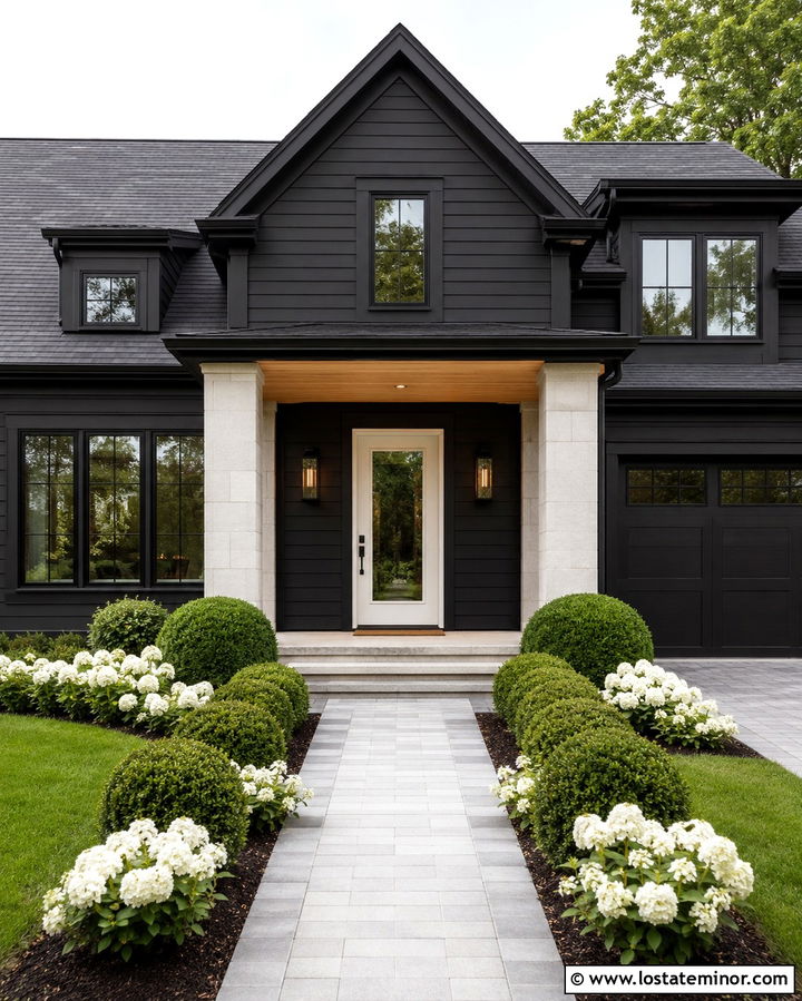 Soft Black Transitional House With Glass Panel Door - 30 Soft Black House Design With Front Door Ideas