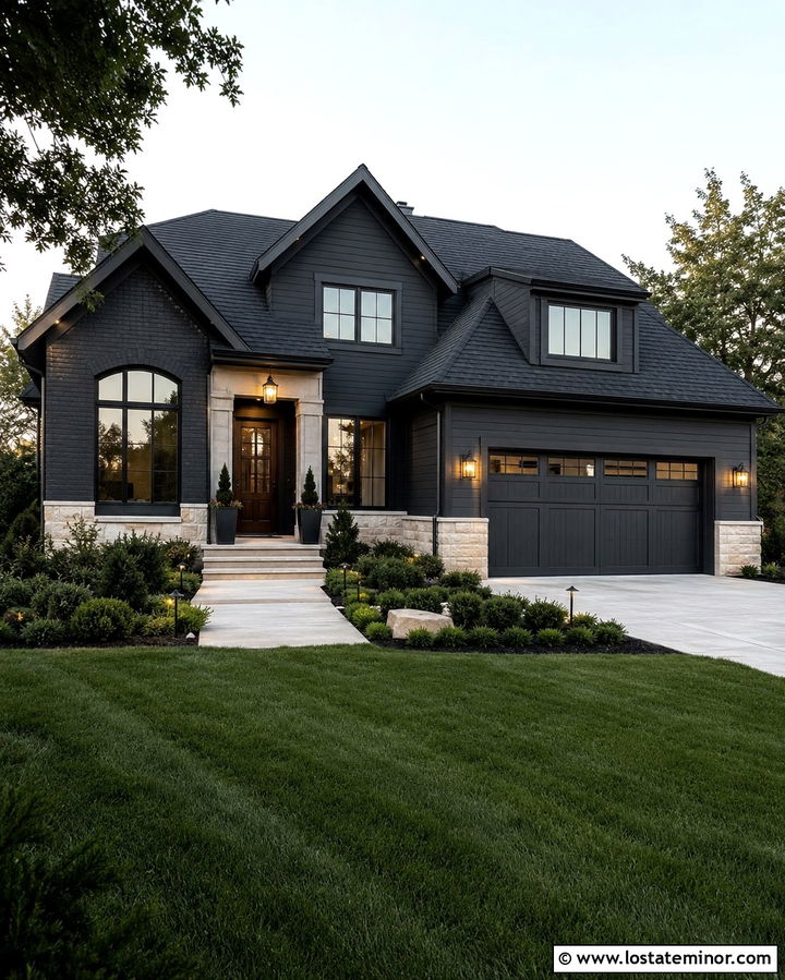 Soft Black Transitional House With Layered Lighting - 30 Soft Black House Design With Light Fixtures Ideas