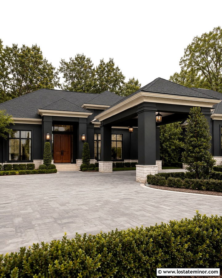 Soft Black Transitional House With Porte Cochere - 30 Soft Black House Design With Carport Ideas
