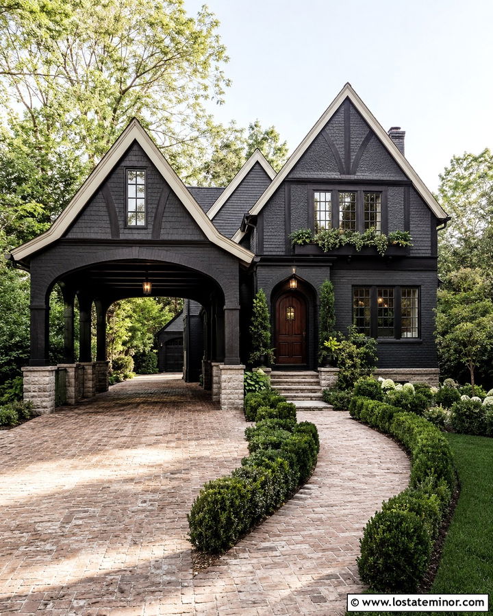 Soft Black Tudor House With Arched Carport - 30 Soft Black House Design With Carport Ideas